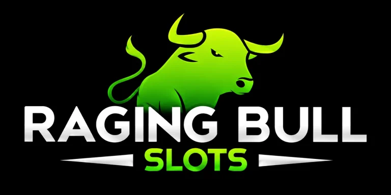 Raging Bull Slots logo with a lime-green bull and white lettering on a black background.
